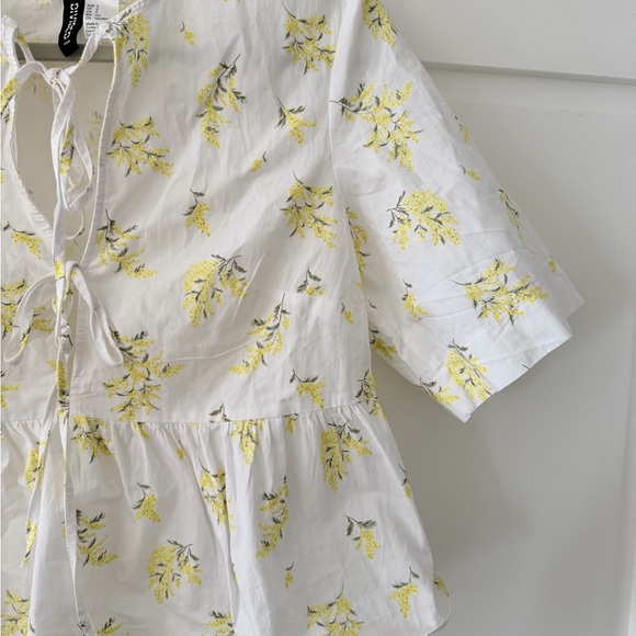 H&M Yellow Floral Cotton Blouse Peplum Tie Front Short Sleeve Top S - Picture 6 of 9